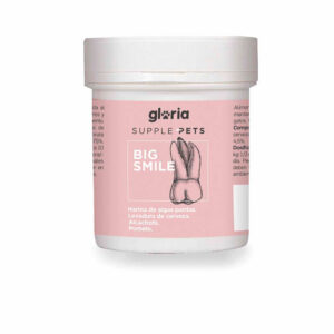 Envase de suplemento alimenticio para mascotas marca Gloria Supple Pets, modelo Big Smile. Este producto está formulado para promover la salud bucal y dental de perros y gatos, con ingredientes como harina de algas pardas, levadura de cerveza, alcachofa y pomelo. El envase es blanco con una etiqueta rosa que incluye una ilustración gráfica de dientes saludables. Ideal para mantener una buena higiene bucal y prevenir problemas dentales en las mascotas.