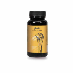 Envase de suplemento alimenticio para mascotas marca Gloria Supple Pets, modelo Condro Active Flex. Este producto está diseñado para promover la salud articular y mejorar la movilidad de perros y gatos, con ingredientes como glucosamina, condroitina, ácido hialurónico y harpagofito. El envase es negro con una etiqueta amarilla que incluye una ilustración gráfica de un hueso. Ideal para fortalecer las articulaciones y aliviar molestias articulares en mascotas de todas las edades.