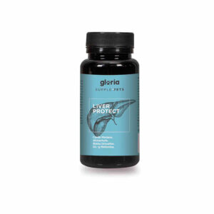 Envase de suplemento alimenticio para mascotas marca Gloria Supple Pets, modelo Liver Protect. Este producto está formulado para proteger y apoyar la salud hepática de perros y gatos, con ingredientes como cardo mariano, alcachofa, boldo, ortosifón, DL-metionina y otros nutrientes esenciales. El envase es negro con una etiqueta azul que incluye una ilustración gráfica del hígado. Ideal para cuidar el bienestar del hígado y mejorar la función hepática de las mascotas.