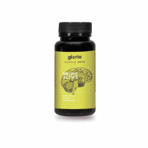 Envase de suplemento alimenticio para mascotas marca Gloria Supple Pets, modelo Neuro Active. Este producto está diseñado para promover la salud cognitiva de perros y gatos, con ingredientes como Ginkgo biloba, ginseng y vitamina B2. El envase es negro con una etiqueta amarilla que incluye una ilustración gráfica del cerebro. Ideal para apoyar el funcionamiento neurológico y el bienestar mental de las mascotas.