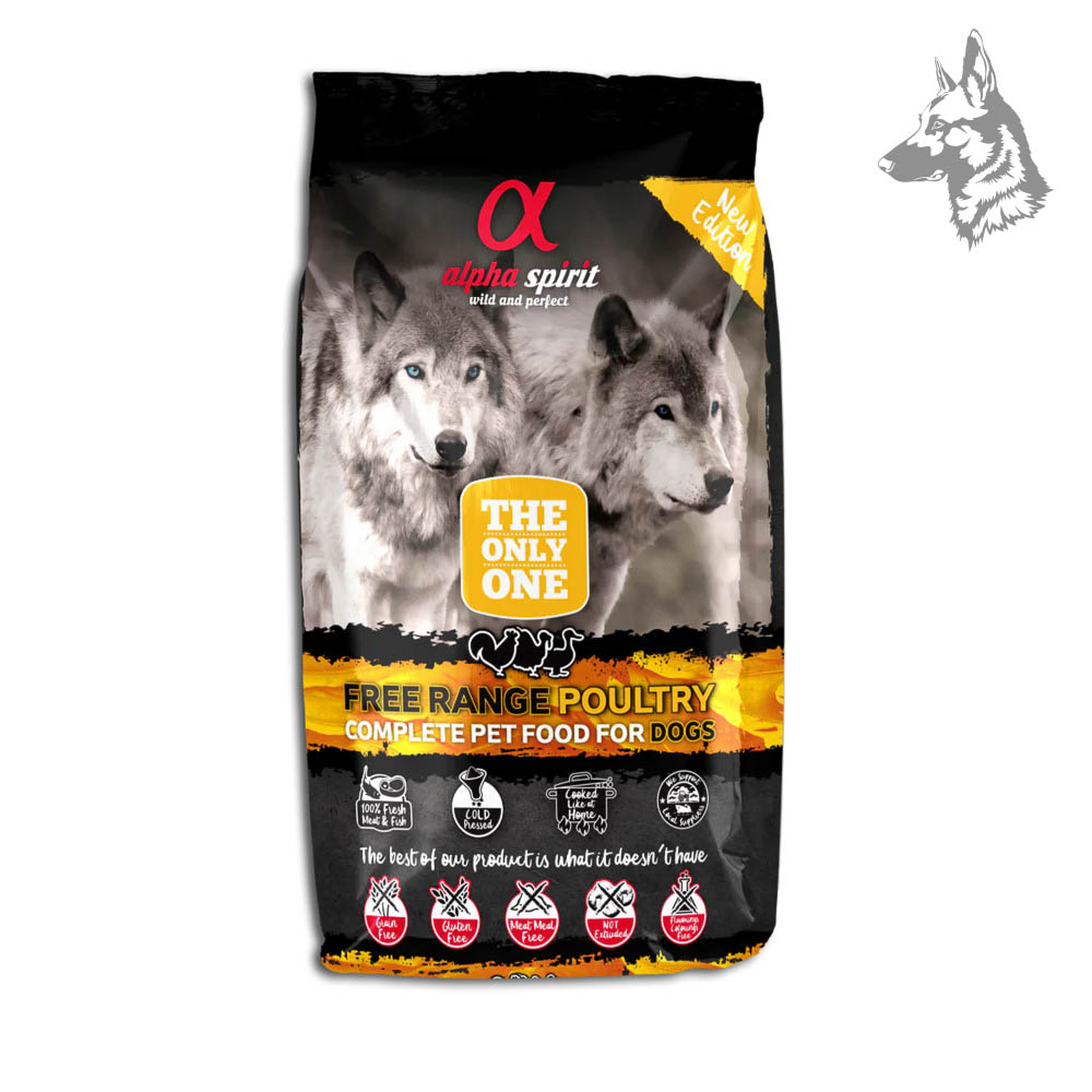 Saco de pienso para perros Alpha Spirit Free Range Poultry con carne fresca de aves de corral. Receta sin cereales ni gluten para una alimentación natural y saludable.