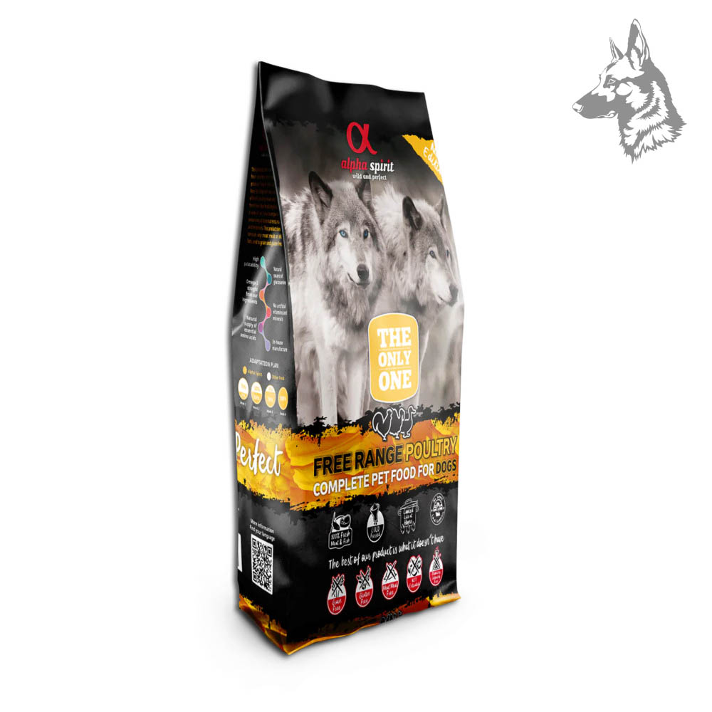 Vista lateral del saco de pienso Alpha Spirit Free Range Poultry, destacando sus ingredientes naturales, alto contenido en proteínas y beneficios para la salud digestiva del perro.