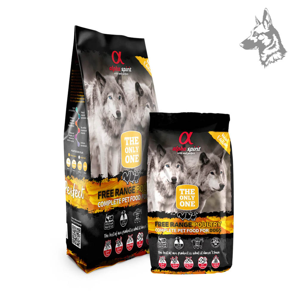 Sacos de pienso Alpha Spirit Free Range Poultry en diferentes tamaños, formulados con carne fresca de ave para una dieta equilibrada y libre de cereales