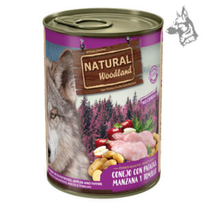 Comida húmeda Natural Woodland para perros adultos, receta sin cereales con conejo, patatas, manzana y tomillo. Alimento hipoalergénico de alta calidad.