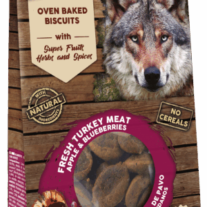 Galletas horneadas naturales para perros Natural Greatness con carne fresca de pavo, manzana y arándanos, apoyo antioxidante, sin cereales, 100g
