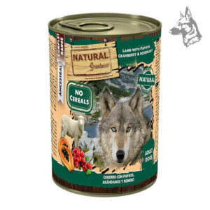 Lata de comida húmeda Natural Greatness de cordero con papaya, arándanos y romero. Alimento premium sin cereales para perros adultos, elaborado con ingredientes naturales y beneficiosos para la digestión y el sistema inmunológico.