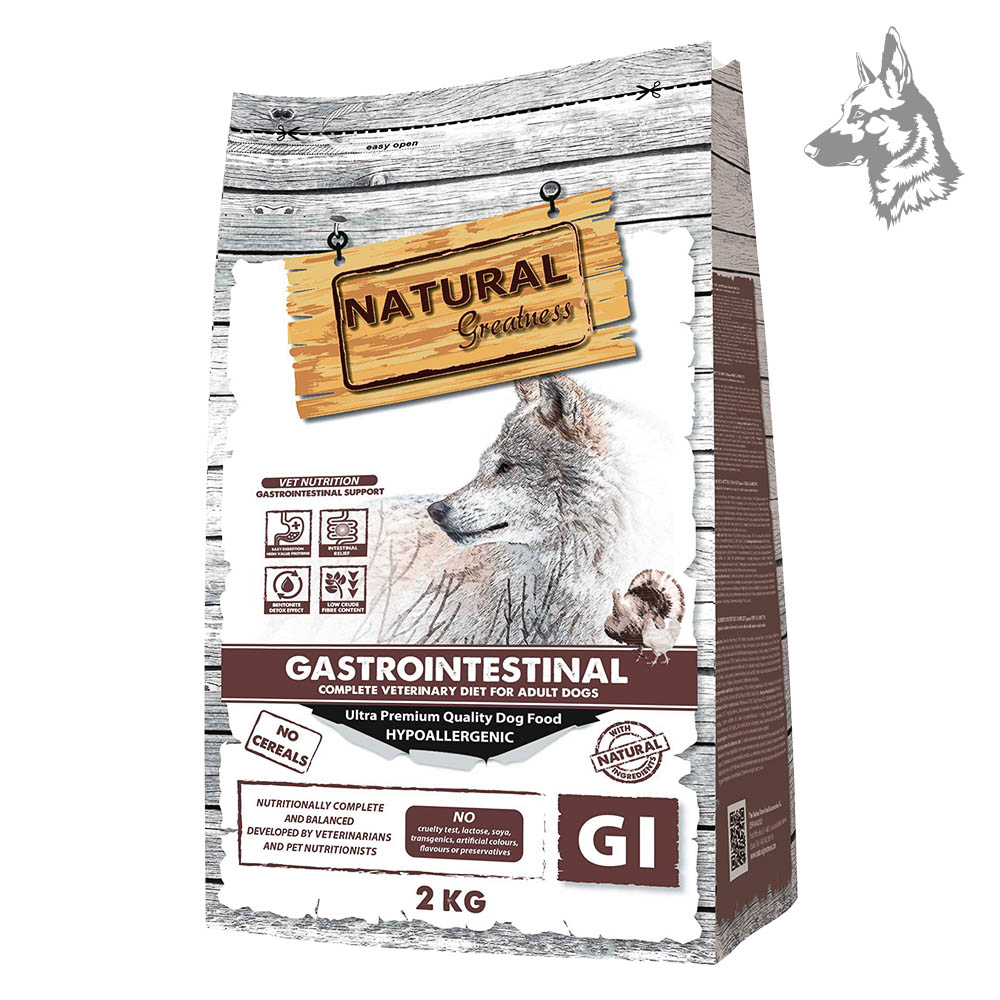 Saco de pienso Natural Greatness Gastrointestinal de 2 kg, fórmula veterinaria completa para perros adultos con sensibilidad digestiva. Receta hipoalergénica sin cereales, desarrollada para mejorar la digestión y la salud intestinal. Con ingredientes altamente digestibles, prebióticos FOS & MOS y sin lactosa, soja ni colorantes artificiales.