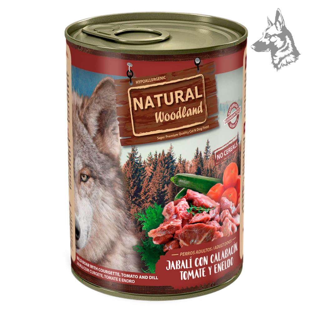 Jabalí con calabacín, tomate y eneldo (lata 400g) – Comida húmeda para perros adultos con carne de jabalí, calabacín, tomate y eneldo. Receta sin cereales, elaborada con ingredientes naturales. Marca Natural Woodland.