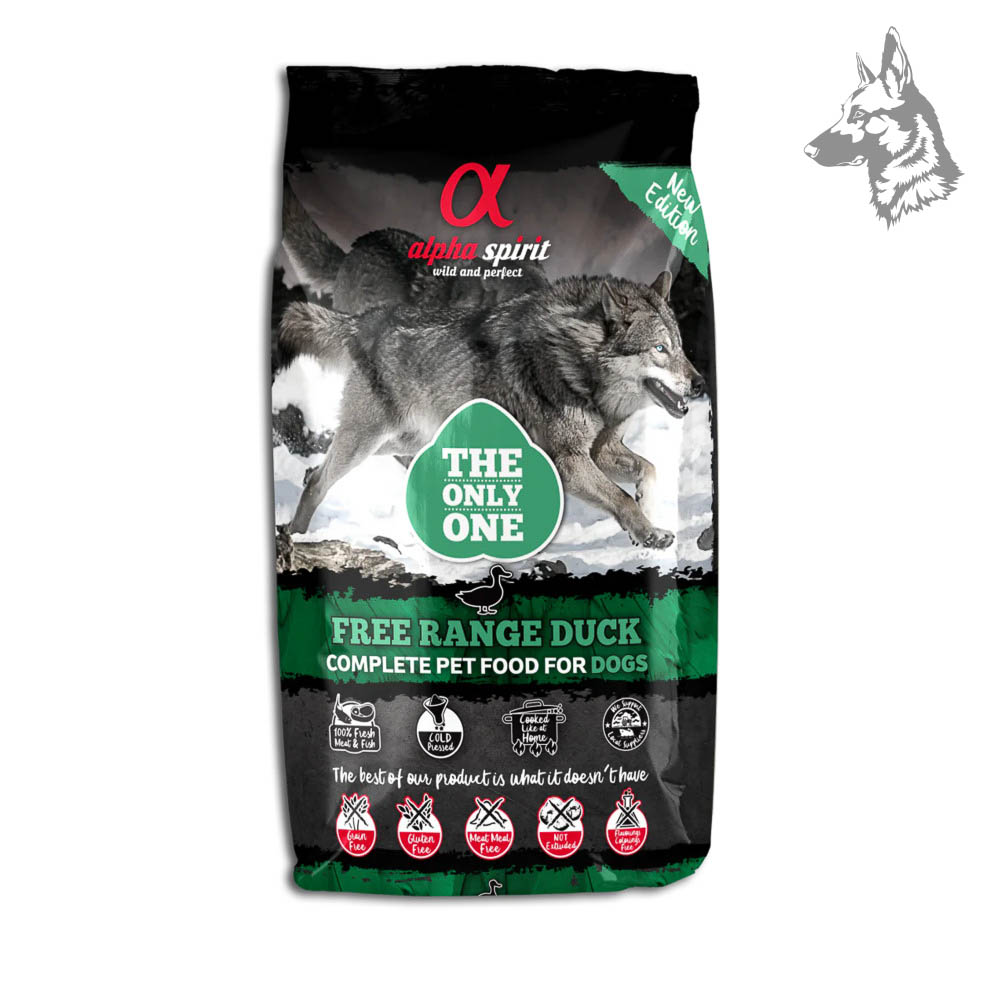 Bolsa de pienso Alpha Spirit Free Range Duck, una fórmula premium con carne de pato de corral, diseñada para una nutrición equilibrada y digestión saludable en perros.