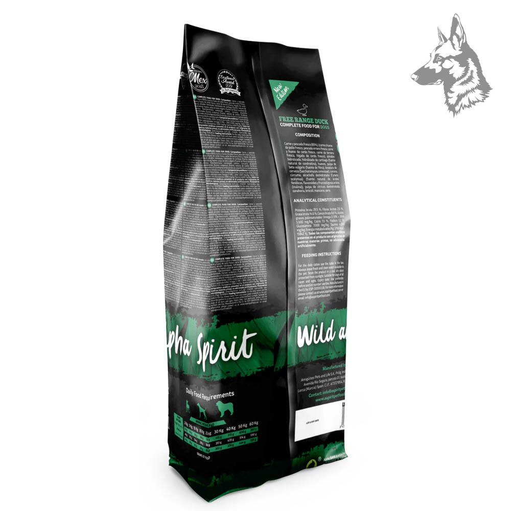 Parte trasera del envase de Alpha Spirit Free Range Duck, mostrando la composición nutricional, ingredientes y recomendaciones de alimentación para perros.