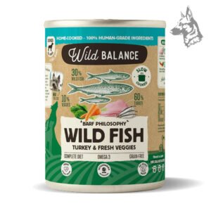 Pescado y Pavo BARF Wild Balance Lata de comida natural para perros Wild Balance con pescado salvaje y pavo, filosofía BARF, sin cereales y cocinado al vapor para preservar nutrientes.