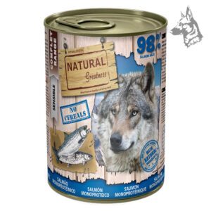 Lata de comida húmeda Natural Greatness de salmón monoproteico para perros. Fórmula hipoalergénica sin cereales con 98% de carne de salmón.