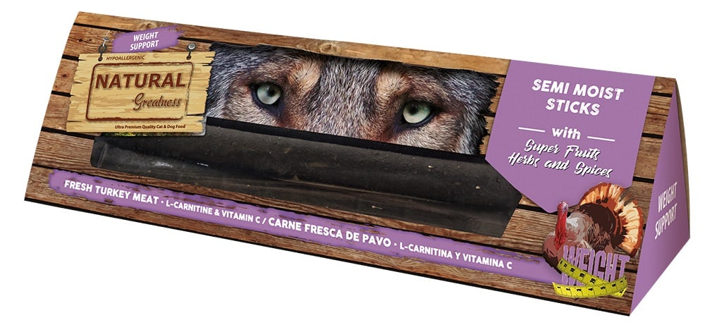 Sticks semihúmedos para perros Natural Greatness Control de Peso, con carne de pavo, L-carnitina y vitamina C, ideales para mantener el peso saludable