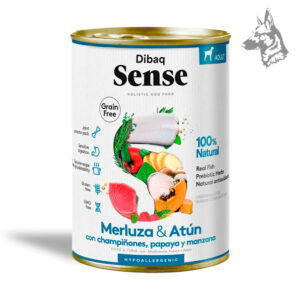 Dibaq Sense Merluza y Atún con Champiñones, Papaya y Manzana Receta elaborada con pescado de alta calidad, frutas y verduras frescas. Alimento completo para perros con una combinación nutritiva y altamente digestible.