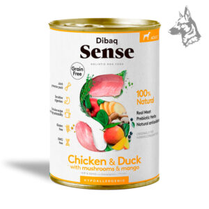 Dibaq Sense Pollo y Pato con Champiñones y Mango Alimento premium con proteínas combinadas de pollo y pato, enriquecido con frutas y verduras. Fórmula sin cereales y altamente palatable.