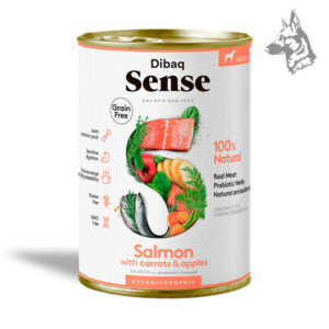 Dibaq Sense Salmón con Zanahorias y Manzana Receta hipoalergénica a base de salmón, rica en ácidos grasos esenciales para la piel y el pelo. Elaborada con ingredientes naturales de alta calidad.