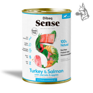 Dibaq Sense Pavo y Salmón Cachorro con Zanahorias y Manzana Alimento húmedo diseñado para cachorros, con una combinación de pavo y salmón que favorece el crecimiento saludable. Fórmula rica en antioxidantes y sin cereales.