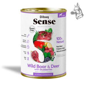Dibaq Sense Jabalí y Ciervo con Arándanos Receta inspirada en la alimentación ancestral, con carne de caza y frutas seleccionadas. Ideal para perros adultos con necesidades nutricionales especiales.