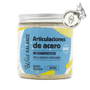 Tarro de suplemento "Articulaciones de Acero" de Wild Balance, con etiqueta azul y detalles en amarillo. Destaca su función condroprotectora y su composición natural.