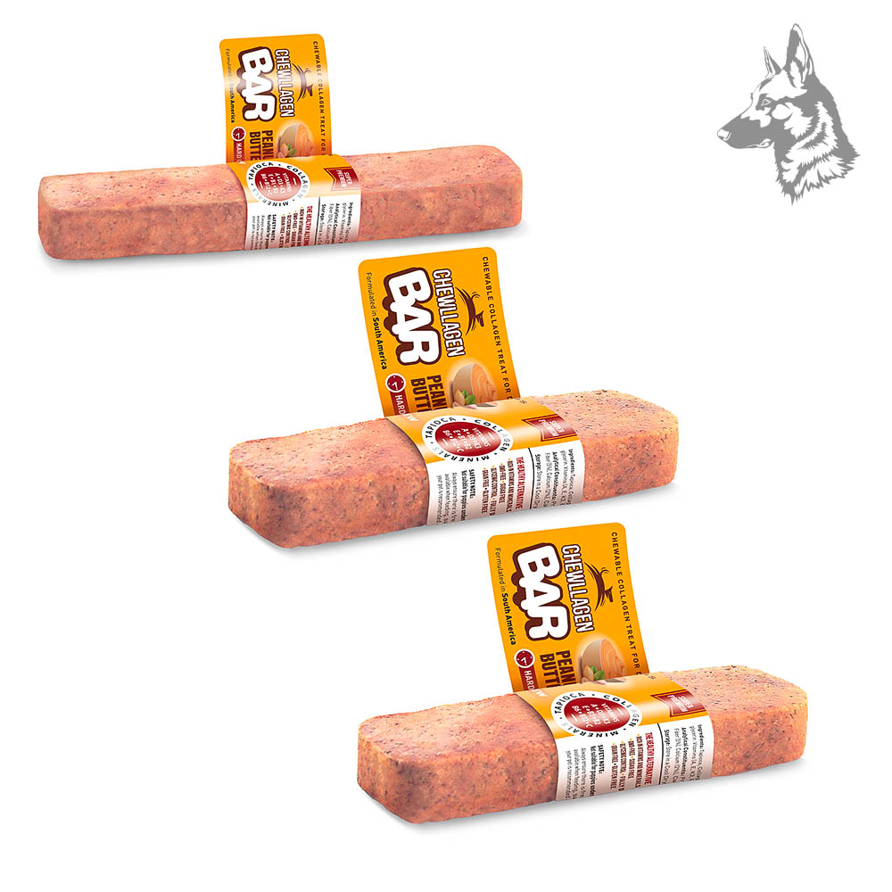 Tres barritas de colágeno masticable con sabor a mantequilla de maní en diferentes tamaños, ideales para perros de todas las razas y edades. Un snack natural que fortalece articulaciones y promueve la salud dental.