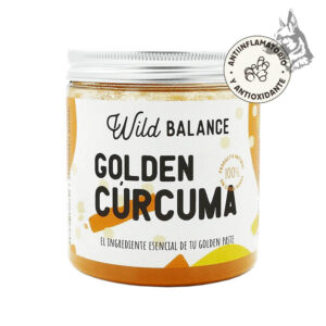 Tarro de Golden Cúrcuma de Wild Balance, un suplemento natural con propiedades antiinflamatorias y antioxidantes. Diseño blanco y amarillo con tapa metálica, destacando su pureza y beneficios.