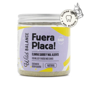 Tarro de suplemento natural "Fuera Placa!" de Wild Balance, diseñado para eliminar el sarro y el mal aliento en perros y gatos. Etiqueta con diseño en tonos morados y amarillos, con icono destacando su función de higiene bucal.
