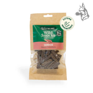 Bolsa de premios naturales Wild Snacks Senior de ternera con 91% carne, diseñada para reforzar el sistema inmunitario en perros mayores.