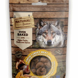 Galletas horneadas digestivas para perros Natural Greatness con carne de pavo, calabaza, boniato y quinoa, sin cereales, 100g