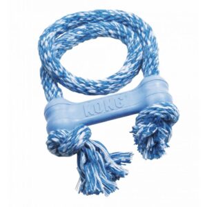 Juguete para cachorros KONG Puppy con cuerda y hueso de goma, ideal para morder y jugar al tira y afloja. Perfecto para el cambio dental