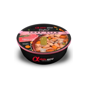 Comida húmeda para perros Alpha Spirit con carne de cerdo, guisantes y zanahoria.