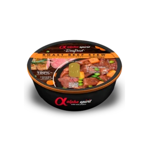 Envase de comida húmeda para perros Alpha Spirit Roast Beef Stew con carne de ternera asada.