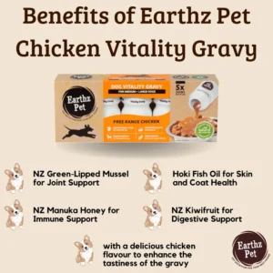 Pack de 5 botellas de Earthz Pet Vitality Gravy sabor pollo de 50 ml para perros de tamaño mediano y grande, con ingredientes funcionales de Nueva Zelanda.