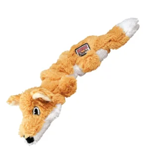 Juguete para perro KONG Low Stuff Flopzie Fox naranja con base ponderada, relleno mínimo y múltiples squeakers.