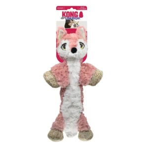 Juguete para perro KONG Low Stuff Flopzie Fox rosa con textura suave, relleno mínimo y squeaker para juegos interactivos.