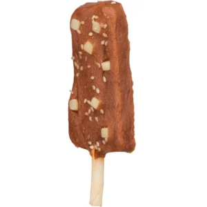 Snack masticable en forma de polo de fresa con frutas visibles para perros.