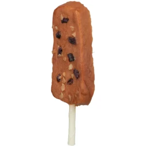 Snack dental para perro en forma de polo, con ingredientes visibles como pato, queso y boniato, diseño atractivo y funcional.