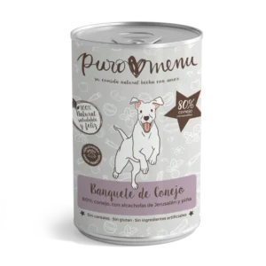 Lata de PuroMenu Banquete de Conejo con 80% conejo, alcachofa de Jerusalén y piña.