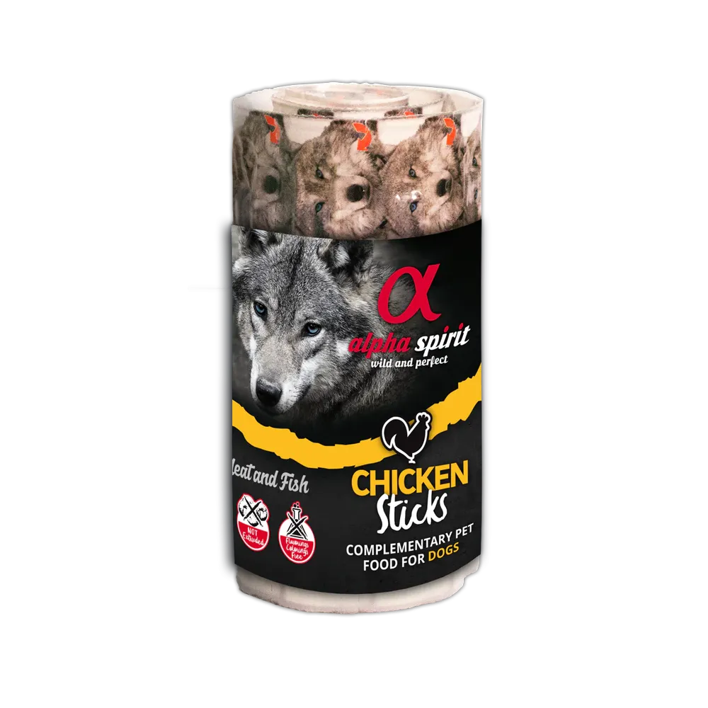 Ristra de sticks Alpha Spirit Chicken Sticks – complemento con pollo y pescado para perros.