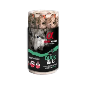 Ristra de sticks húmedos Alpha Spirit Duck Sticks – snack complementario con pato, pollo y pescado.