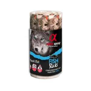 Ristra de sticks húmedos Alpha Spirit Fish Sticks – complemento natural para perros, con tira de 16 barritas.