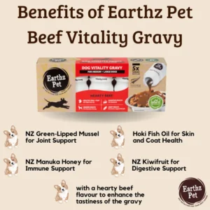 Pack de 5 botellas Earthz Pet Vitality Gravy sabor ternera para perros medianos y grandes, con ingredientes funcionales de Nueva Zelanda.