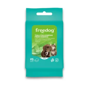 Paquete de 25 toallitas húmedas Freedog Fresh Essence para perros y gatos, con aroma fresco y fórmula suave para limpieza diaria.