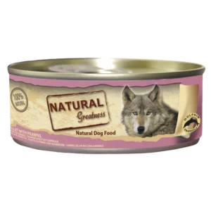 Lata de comida húmeda Natural Greatness con filete de atún y gambas, sabor marino premium para perros.