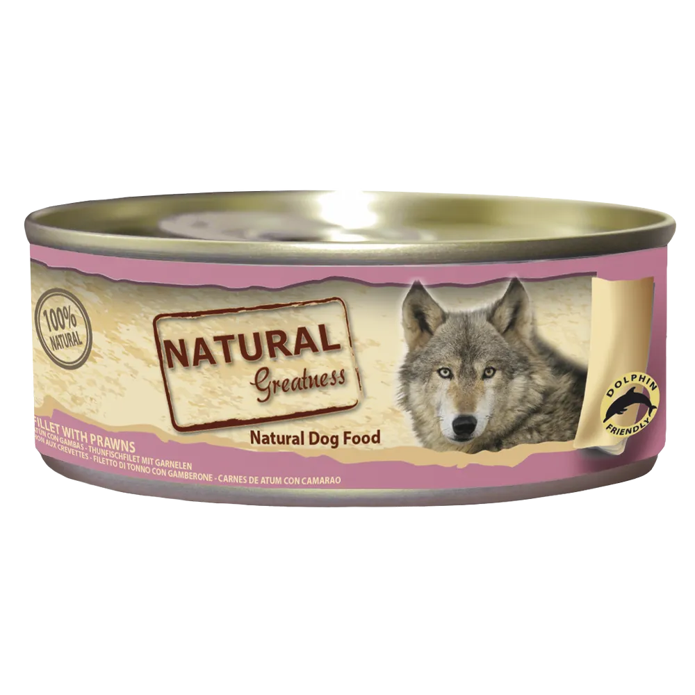 Lata de comida húmeda Natural Greatness con filete de atún y gambas, sabor marino premium para perros.