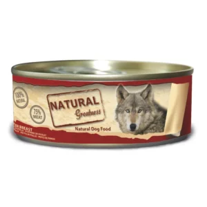 Lata de comida húmeda Natural Greatness con 100 % pechuga de pollo para perros, receta natural y sin aditivos.