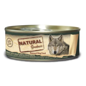 Lata de comida húmeda Natural Greatness con pechuga de pollo, hígado de buey y verduras en trozos, ideal como premio natural para perro adulto.