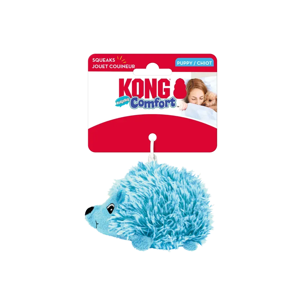 Juguete KONG Comfort HedgeHug Puppy en forma de erizo azul para cachorros.