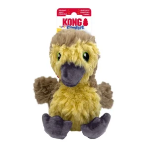 Peluche para perros KONG Comfort Tykes Pato (Gosling), felpa ultra suave amarilla y marrón, chirriador tipo gruñido extraíble, presentado con etiqueta.