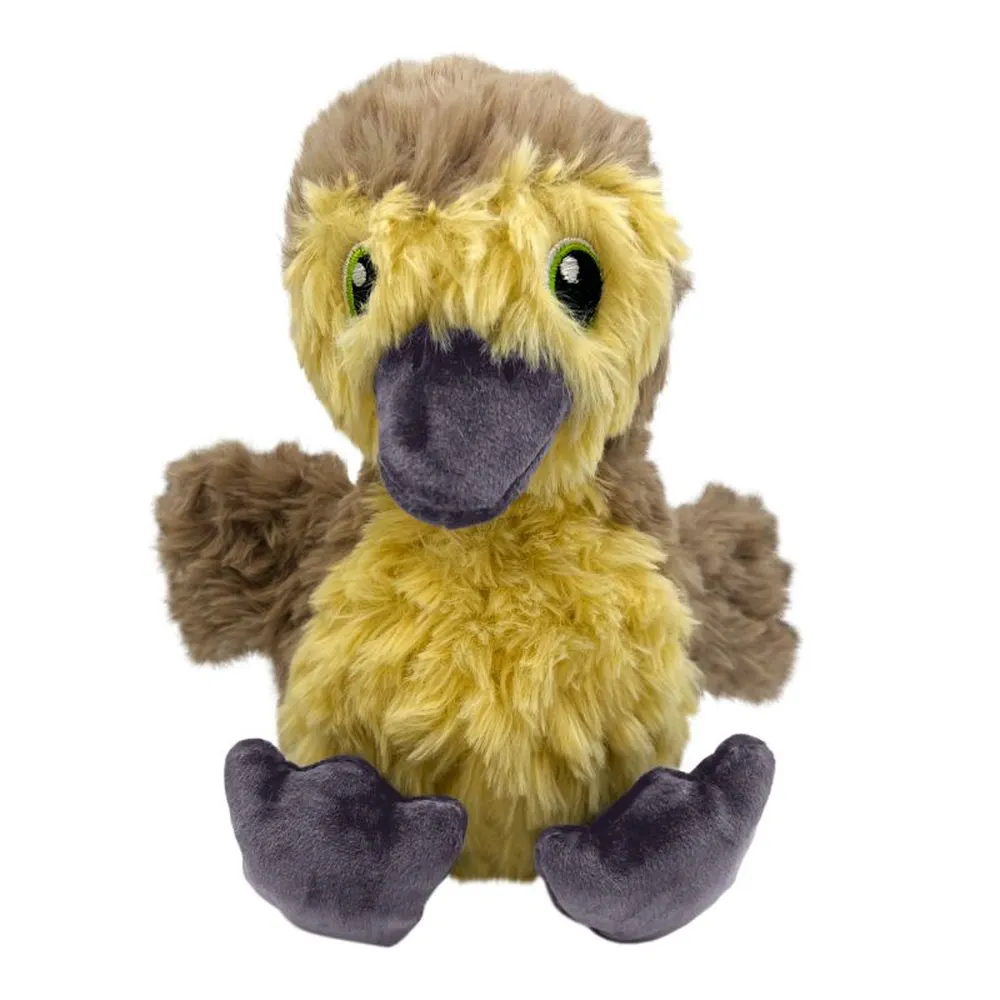 Juguete para perros KONG Comfort Tykes Pato sin etiqueta, peluche de felpa suave en tonos marrón y amarillo, con pico y patas grises.