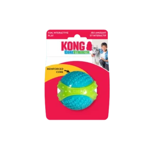 Pelota KONG CoreStrength Ball azul y verde con núcleo reforzado, en su envase original.